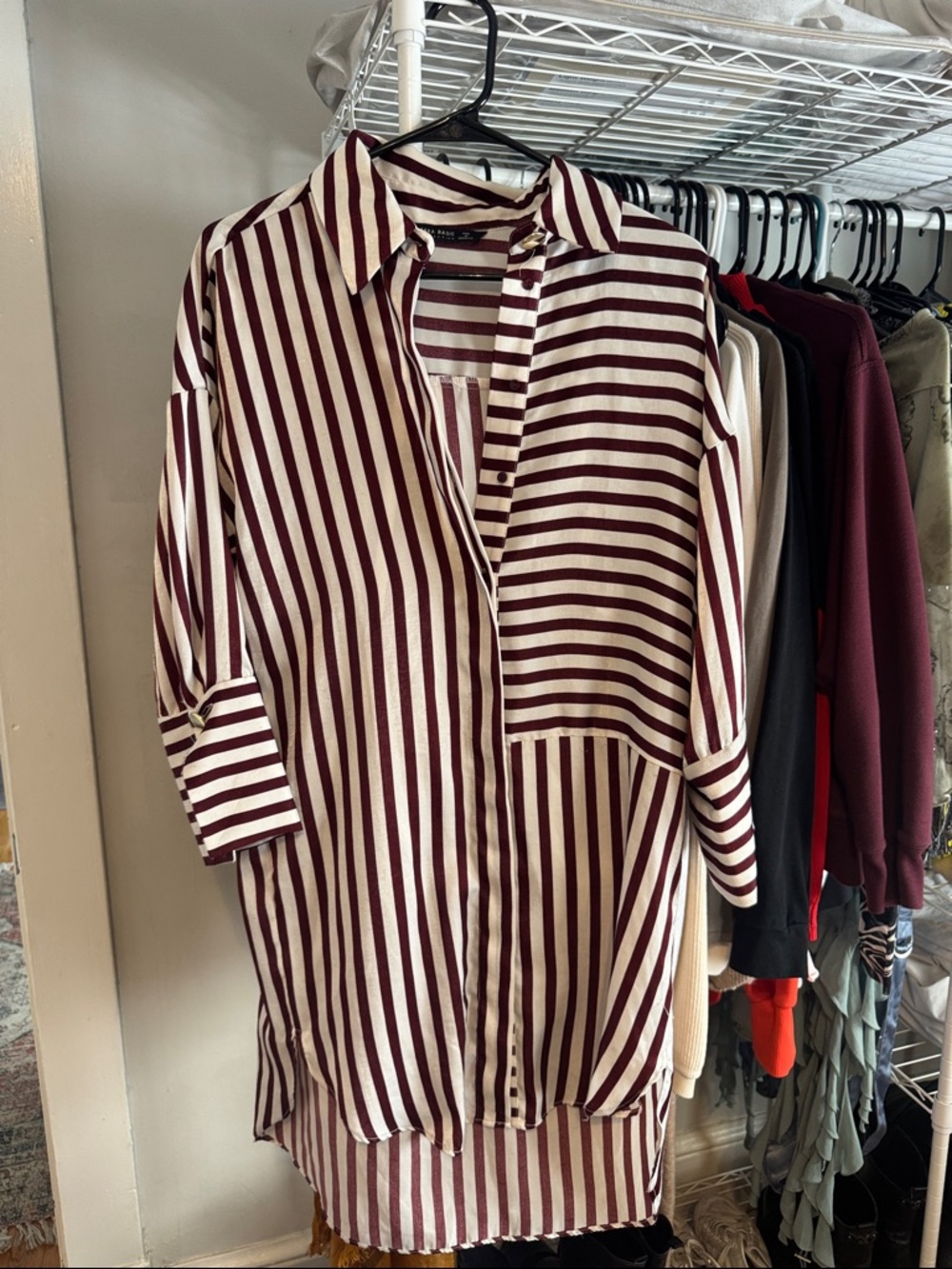 Zara Striped Button-Down Tunic Shirt in Burgundy and White